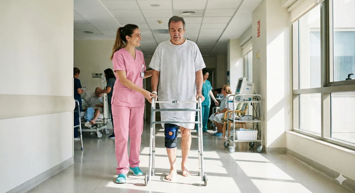 Paciente en rehabilitación postoperatoria con fisioterapeuta